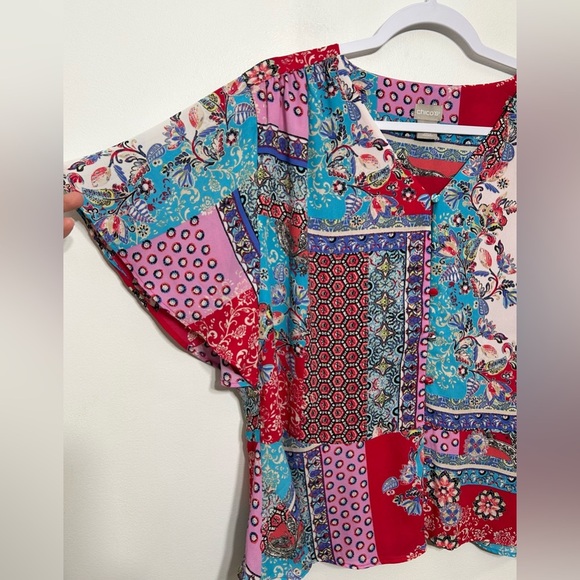 Chicos Patchwork Floral Paisley Peplum Flutter Sleeve Button Up Blouse - Picture 4 of 10